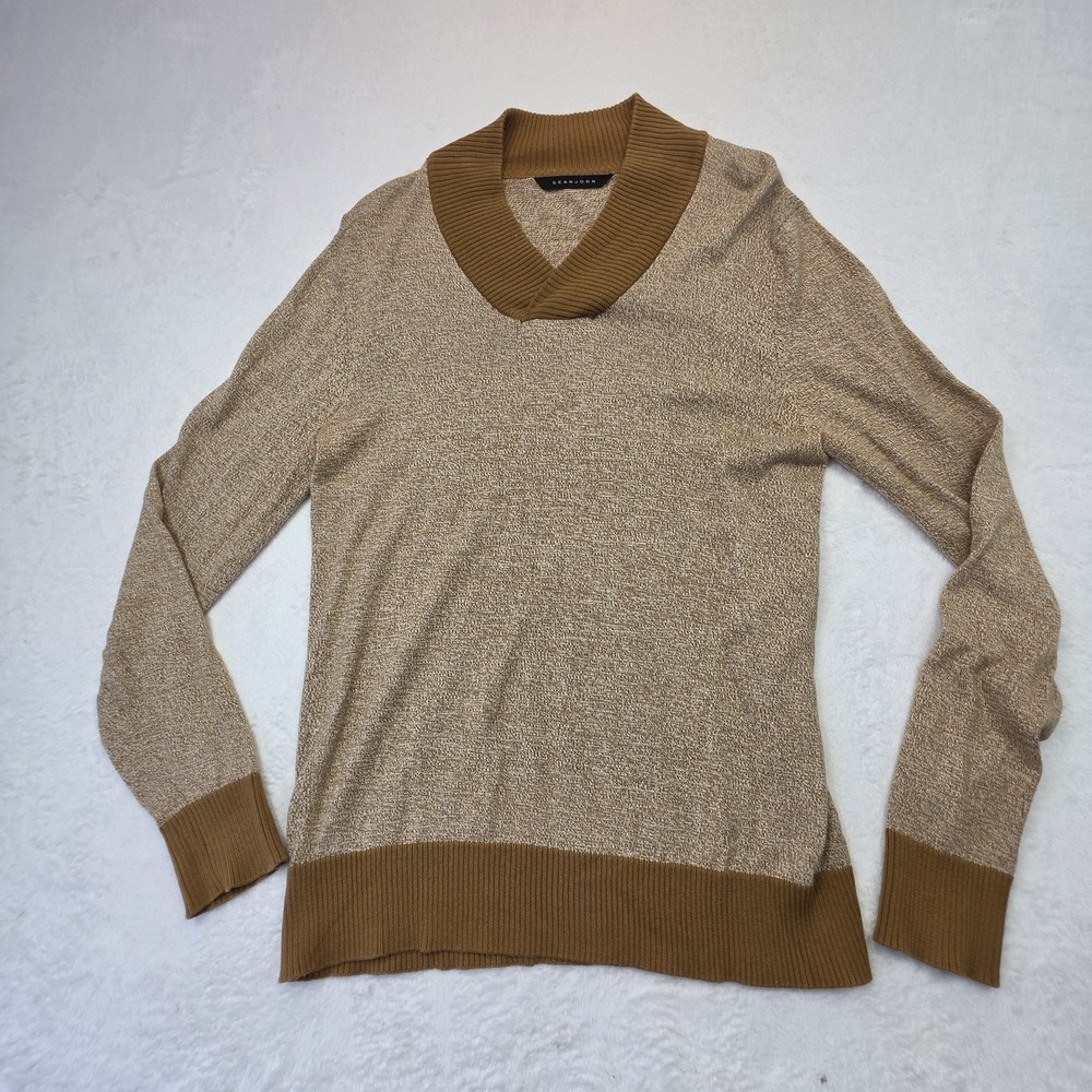 Sean John Mens Sweater Medium Tan Brown V Neck Knit Pullover Cotton